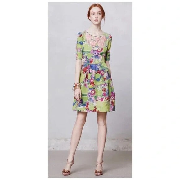 Anthropologie Peter Som Elizabeth Silk Postcard Dress Fit Flare Floral G… - Picture 3 of 11